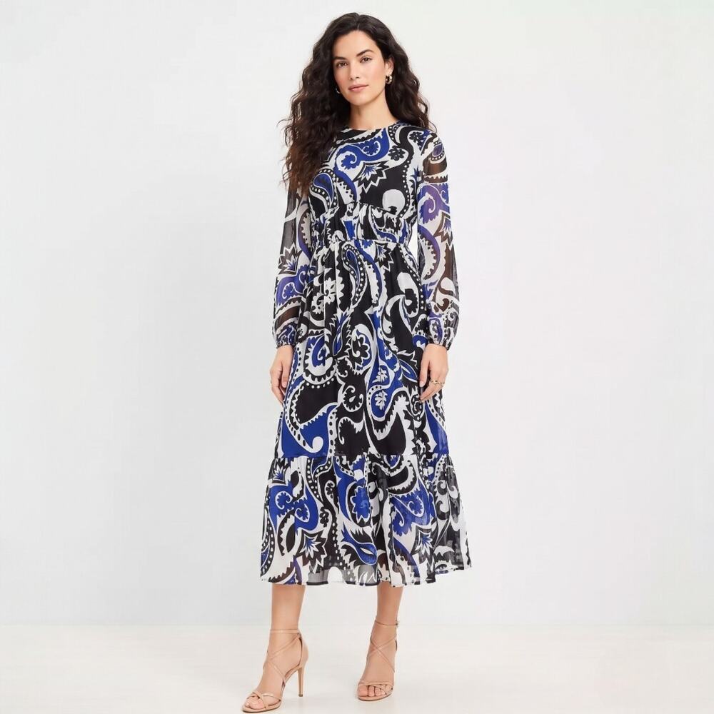 LOFT Paisley Shirred Flounce Midi Dress Size 12 NWT